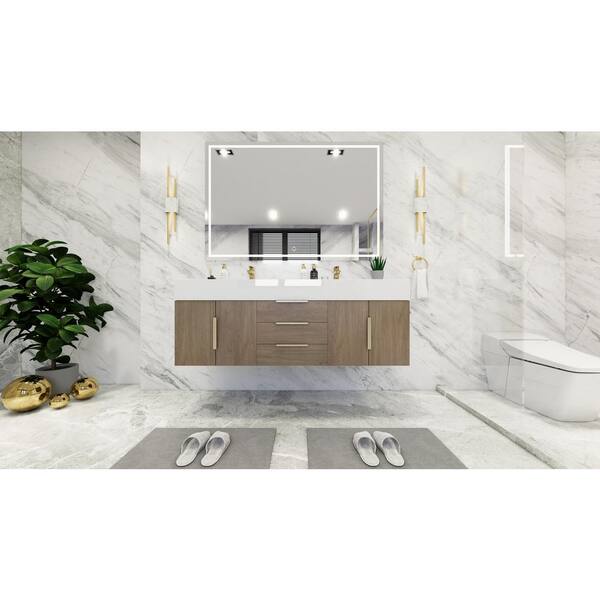 BV Better Vanity Bethany 59 in. W x 20 in. D x 22 in. H Double Sink Floating Bath Vanity in Light Oak with White Acrylic Top