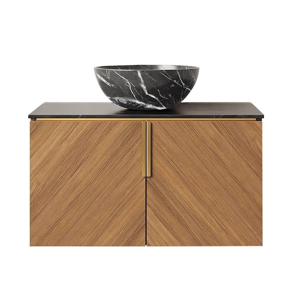 30 in. Wall-Mounted Oak Bath Vanity with Black Sintered Stone Top Unassembled