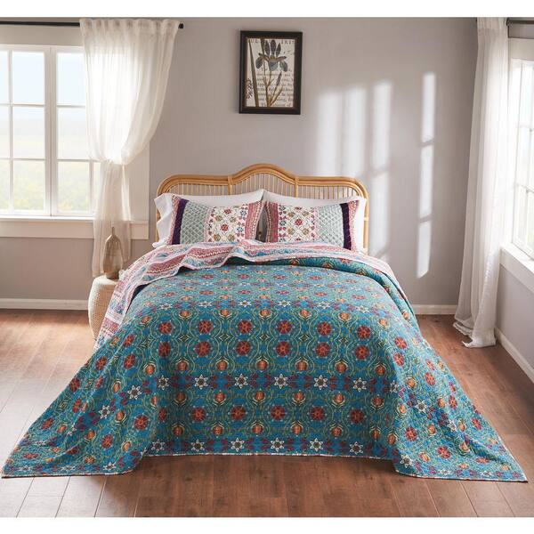 Set Copriletto Matrimoniale King Size Thalia | Tango Blu 3 Pezzi | Cotone Con Velluto - 5