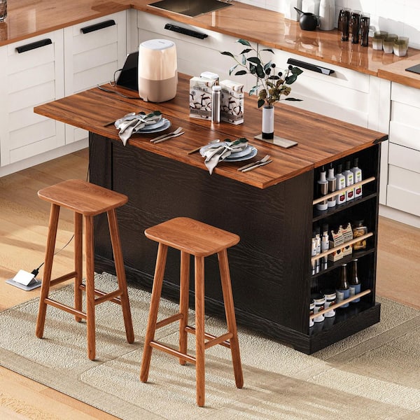 Xzkai Black Wood 53 in. Kitchen Island with Drop Leaf, 5 Open Side Racks, 3 Drawers, Power Outlet, 2 Tempered Glass