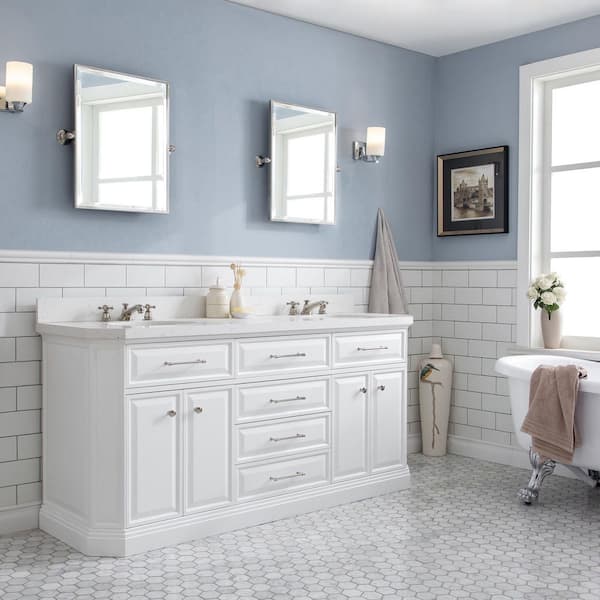 Palace 72 in. W x 22 in. D x 34 in. H Double Sink Bath Vanity in Pure White with Carrara White Quartz Top