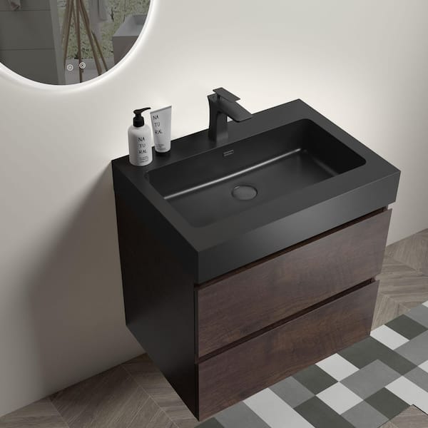 24 in. Single Sink Rose Wood Floating Bath Vanity with Black Solid Surface Top Pre-assembled
