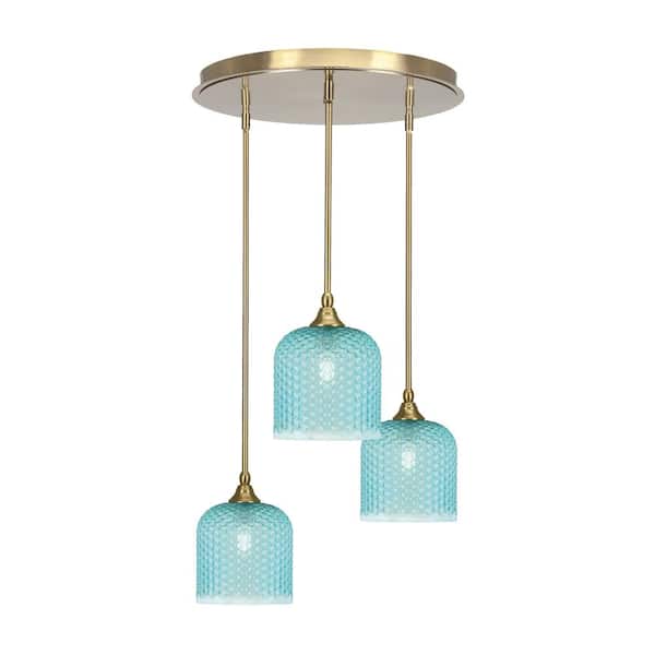 Unbranded Villa 18.5 in. 3-LightNew Age Brass Cluster Pendant Light with 7 in. Turquiose Textured Glass Shades, no bulbs included