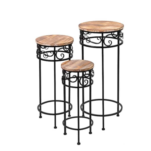 Unbranded 28.3 in. 24.4 in. and 20.3 in. H Round Black & Natural Wood & Metal Plant Stands (Set of 3) Indoor Outdoor Plant Holders