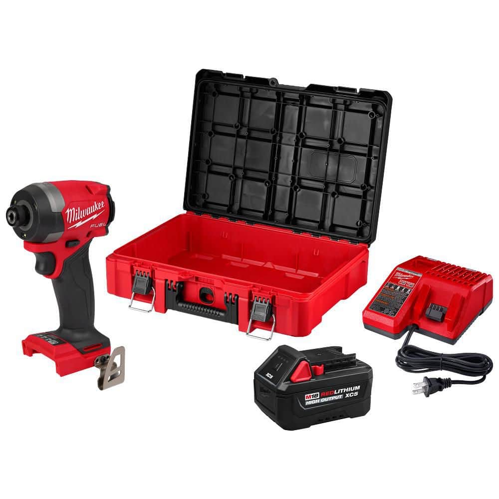 MILWAUKEE M18 FUEL 18V Lithium-Ion Brushless Cordless 1/4 in. Hex Impact Driver Kit w/ 5. 0Ah Battery/Charger & PACKOUT Tool-Box (2953-21HO)