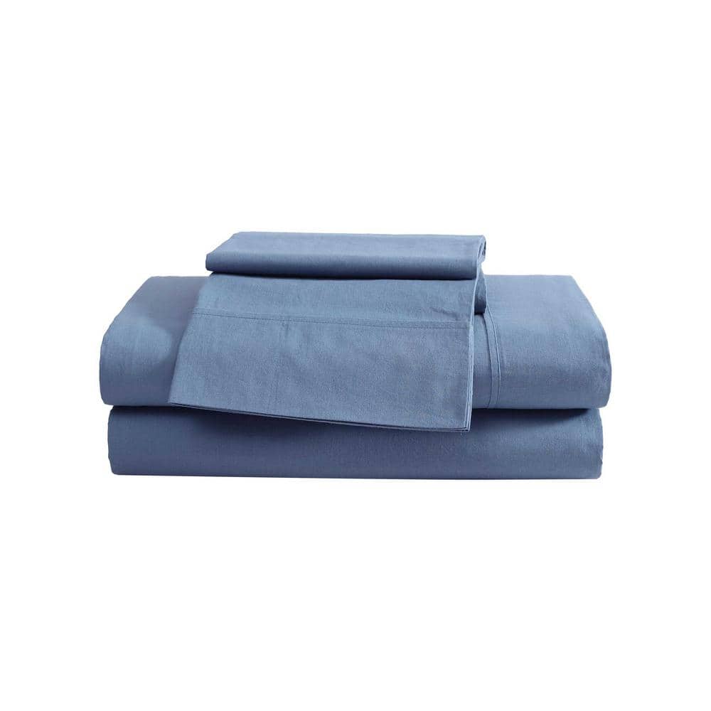 Eddie Bauer EB Peached Percale 4 Piece Blue Cotton Queen Sheet Set
