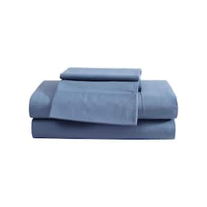 EB Peached Percale 4 Piece Blue Cotton Queen Sheet Set