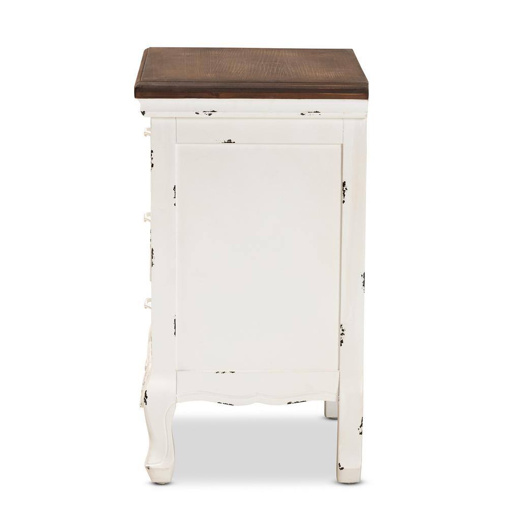 Levron Antique White and Walnut Brown 3-Drawer Solid Wood Nightstand