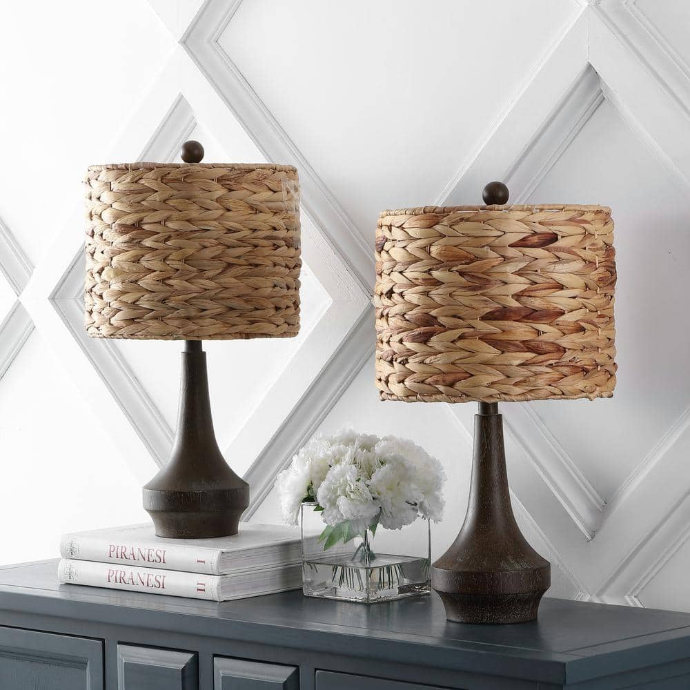 Theodore 21" Brown Resin Table Lamp Set with Handwoven Rattan Shade
