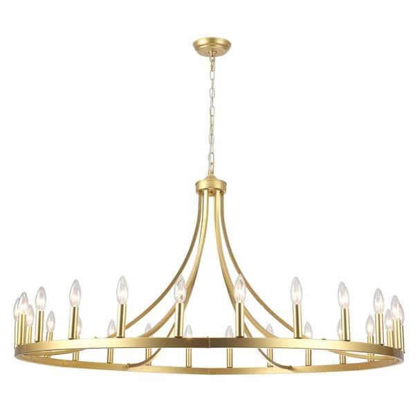 24-Light Farmhouse Gold Candlestick Circle Hanging Wagon Wheel Chandelier Lighting Fixture for Kitchen Island