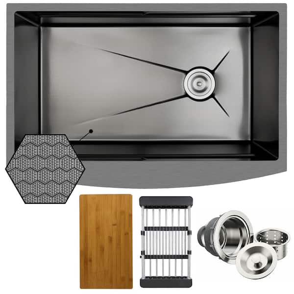 HEX 33 in. Farmhouse Apron Front Single Bowl Gunmetal Black Stainless Steel Workstation Kitchen Sink with Cutting Board
