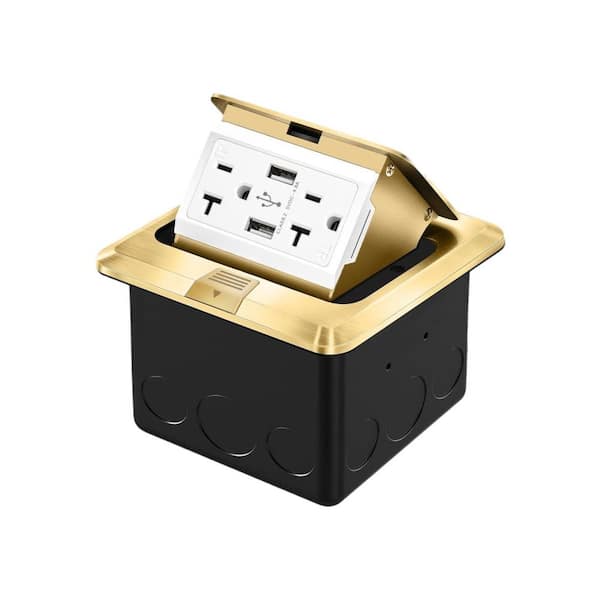 Lukyamzn Gold 20A Tamper-Resistant Recessed Floor Electrical Outlet with 2 USB-A Ports and Waterproof, ETL Certified - (1-Pack)