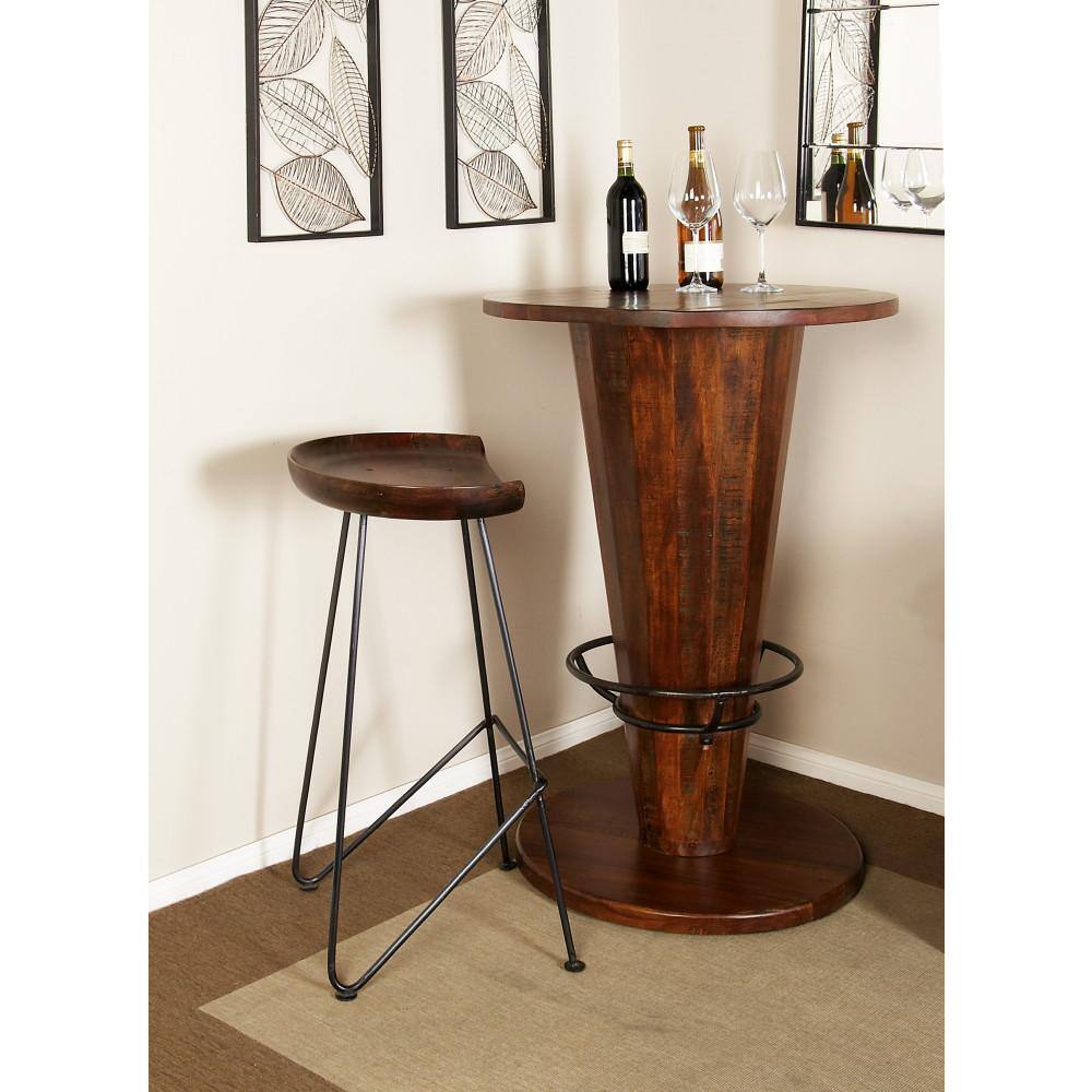 Adjustable Brown Acacia Wood and Metal Saddle Bar Stool