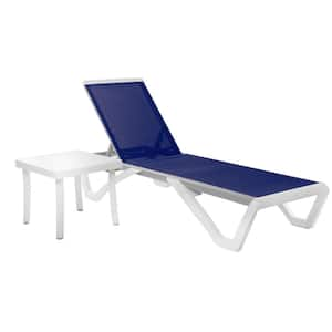 Full Flat Aluminum Frame Outdoor Reclining Adjustable Sling Chaise Lounge with 1-Navy Blue Chaise and 1-Table