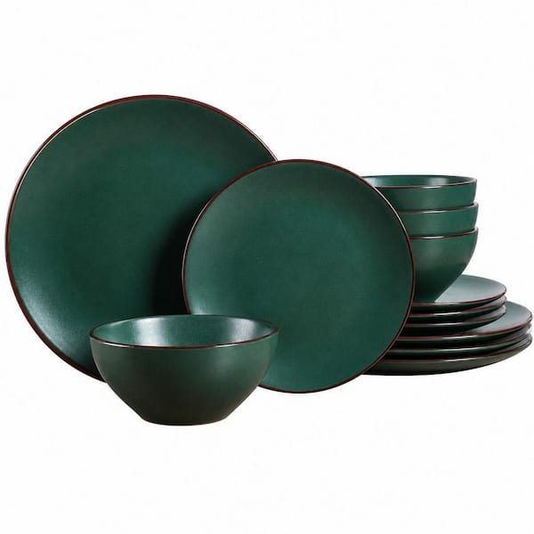 12-Piece Modern Dark Green Ceramic Dinner Set, Plates and Bowls Sets, Microwave and Dishwasher Safe (Service for 4)