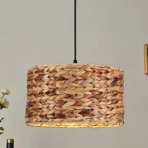 1-Light 18.9 in. Black Bohemian Drum Chandelier Farmhouse Pendant Light with Hand Woven Rattan Shade