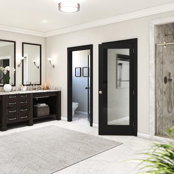 eightdoors 36 in. x 80 in. x 1 3 8 in. Clear Glass 1 Lite Shaker Black Finished Solid Wood Core Interior Barn Door Slab 50388019803635SHB The Home Depot