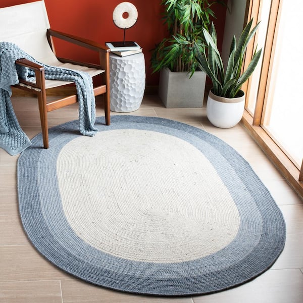 Braided Ivory/Blue 4 ft. x 6 ft. Oval Solid Area Rug