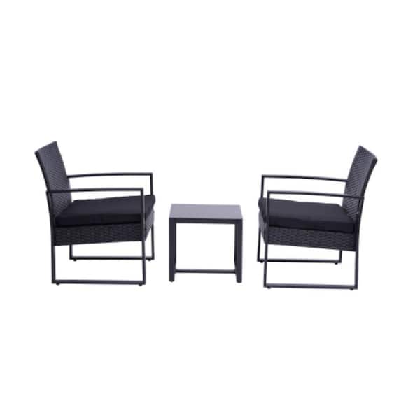 Alpulon 3-Piece Rattan Wicker Outdoor Patio Conversation Set with Black Cushion