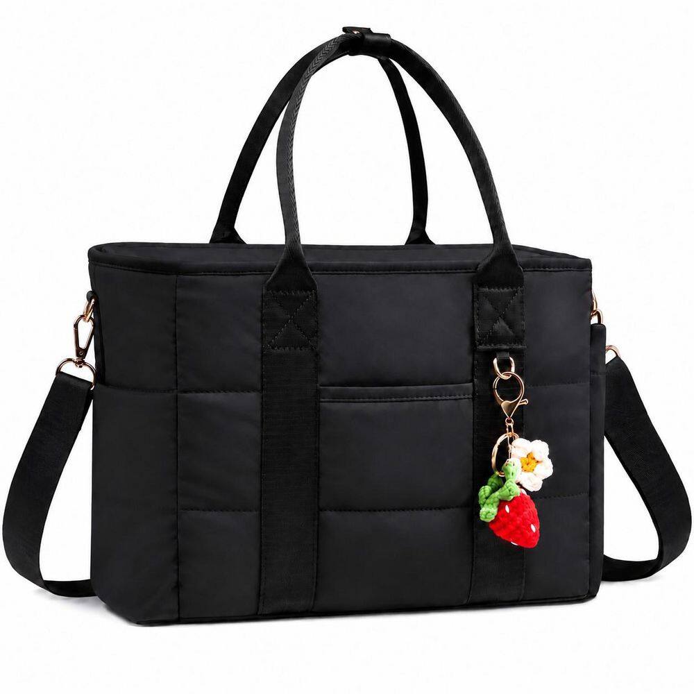 Black Insulated Lunch Bag for Women with Wide Opening, Leakproof Liner, Adjustable Strap and Side Pocket