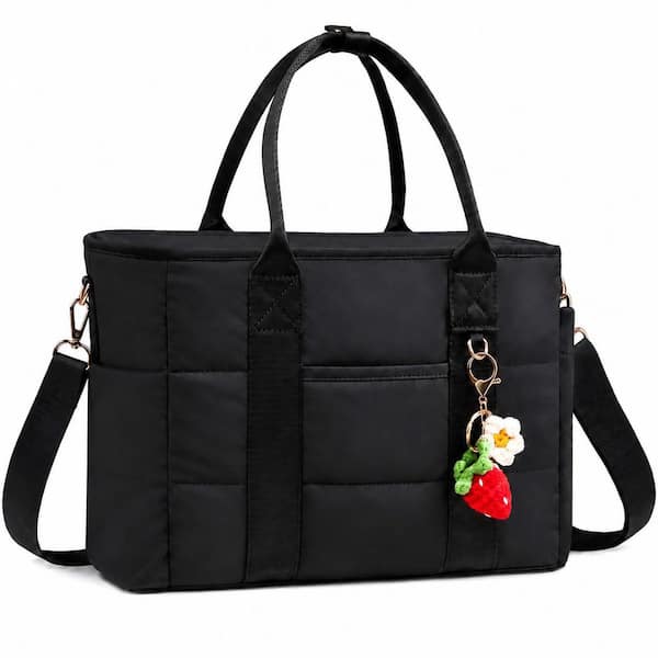 Black Insulated Lunch Bag for Women with Wide Opening, Leakproof Liner, Adjustable Strap and Side Pocket