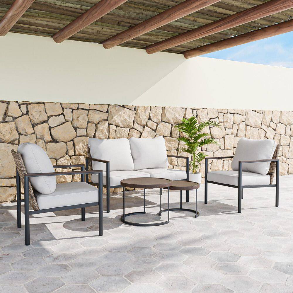 5-Piece Black Metal Frame Brown Rattan Wicker Outdoor Set Conversation Set with beige Cushions and Nesting Coffee Tabels price history on PriceWatchPro