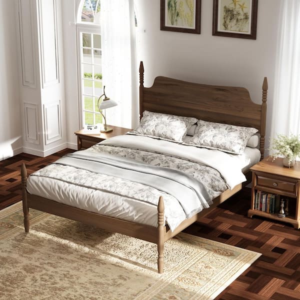 Gavo Country Brown Wood Frame Queen Size Four Poster Spindle Platform Bed with Curved Tall Headboard, Walnut Finish