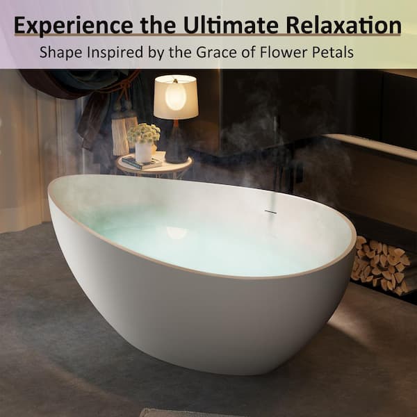 63 in. x 37.4 in. Freestanding Soaking Solid Surface Bathtub with Center Drain in Matte White