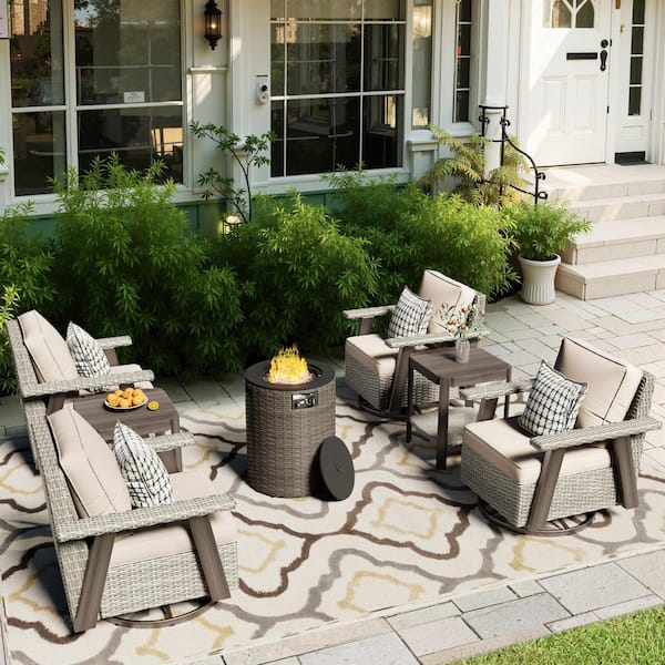 7-Piece Fire Pit Patio Set Wicker Outdoor Patio Conversation Set with Swivel Rocking Chairs and Beige Cushions