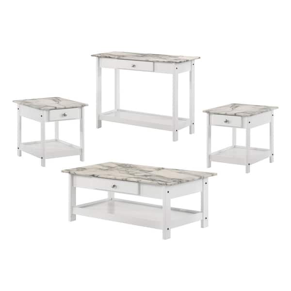 Furniture of America Dingo 4-Piece 41.75 in. White Rectangle Faux Marble Coffee Table Set with Drawers and Shelves