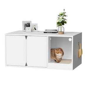 Modern Cat Litter Box Enclosure Cabinet, Wood Large Stackable Cat Washroom Storage Cabinet with Litter Catch Box, White