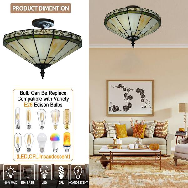 OUKANING 15.75 in. 2-Light Beige Vintage Elegant Stained