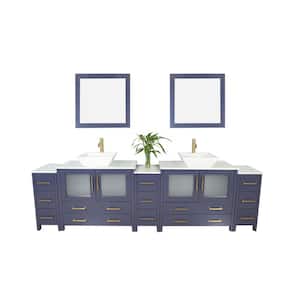 Ravenna 108 in. W Double Basin Bathroom Vanity in Blue with White Engineered Marble Top and Mirror