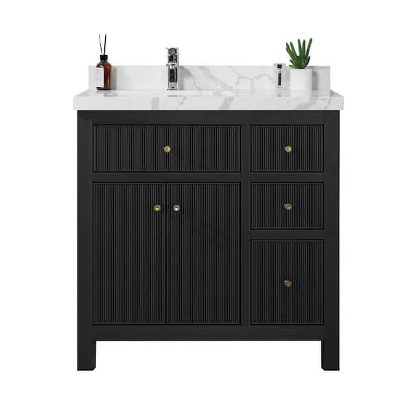 Willow Collections Sonoma 36 in. W x 22 in. D x 36 in. H Left Offset Sink Bath Vanity in Black with 2 in Calacatta Quartz Vanity Top