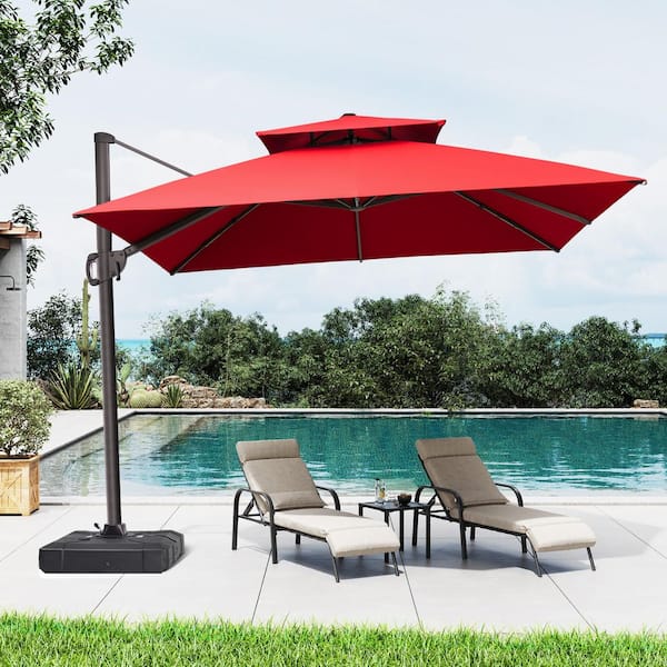 Crestlive Products 9.5 ft. x 9.5 ft. 360 ° Rotation Rectangular Cantilever Patio Umbrella in Red with 220 lbs. Base Stand