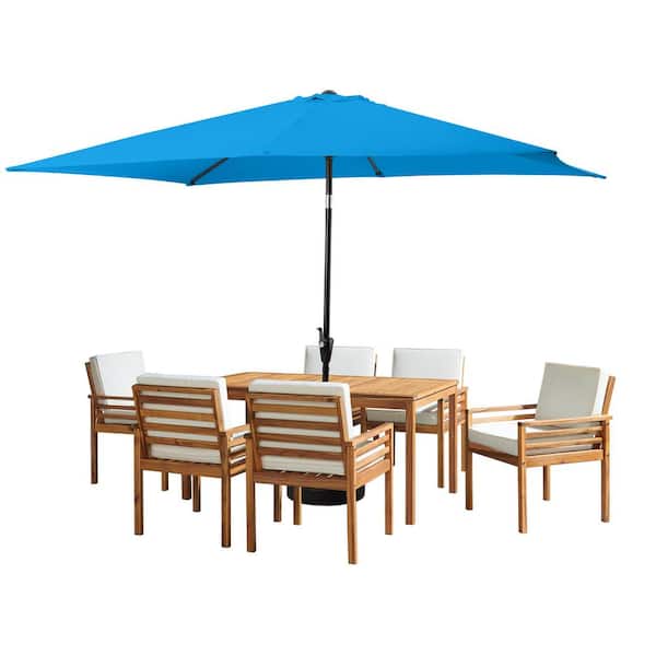 Alaterre Furniture 8 -Piece Set, Okemo Wood Outdoor Dining Table Set with 6 Chairs, Cushions, 10 ft. Rectangular Umbrella Bright Blue
