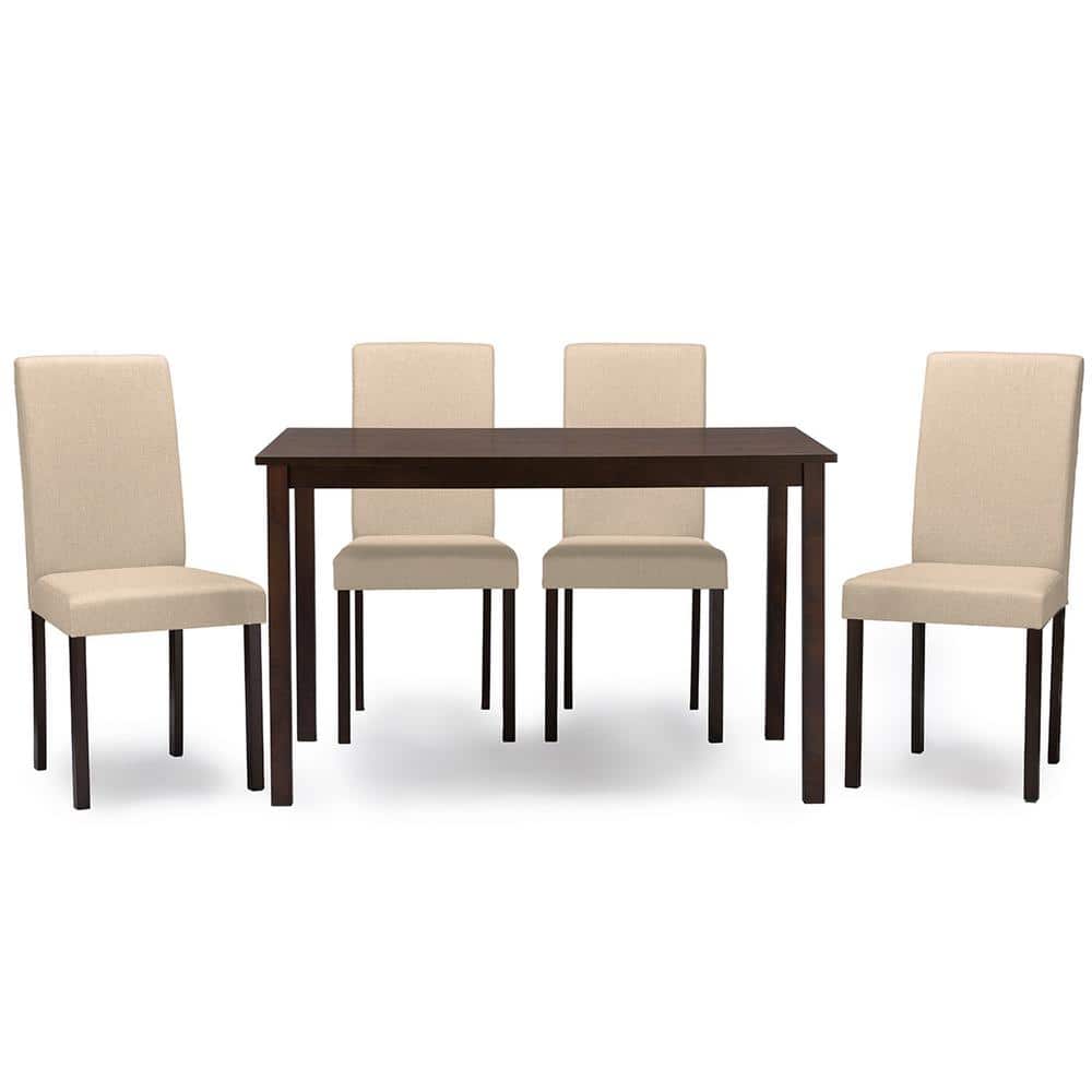 Espresso Wood Dining Set with Beige Upholstered Chairs, 5-Piece