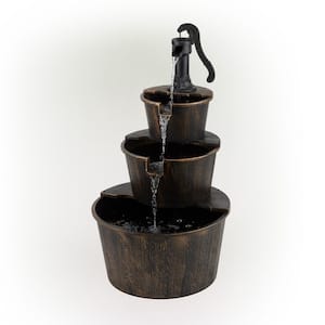 40 in. Tall Outdoor 3-Tier Barrel Pump Waterfall Fountain, Brown