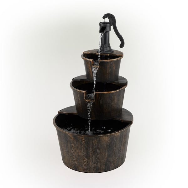 Alpine Corporation 40 in. Tall Outdoor 3-Tier Barrel Pump Waterfall Fountain, Brown