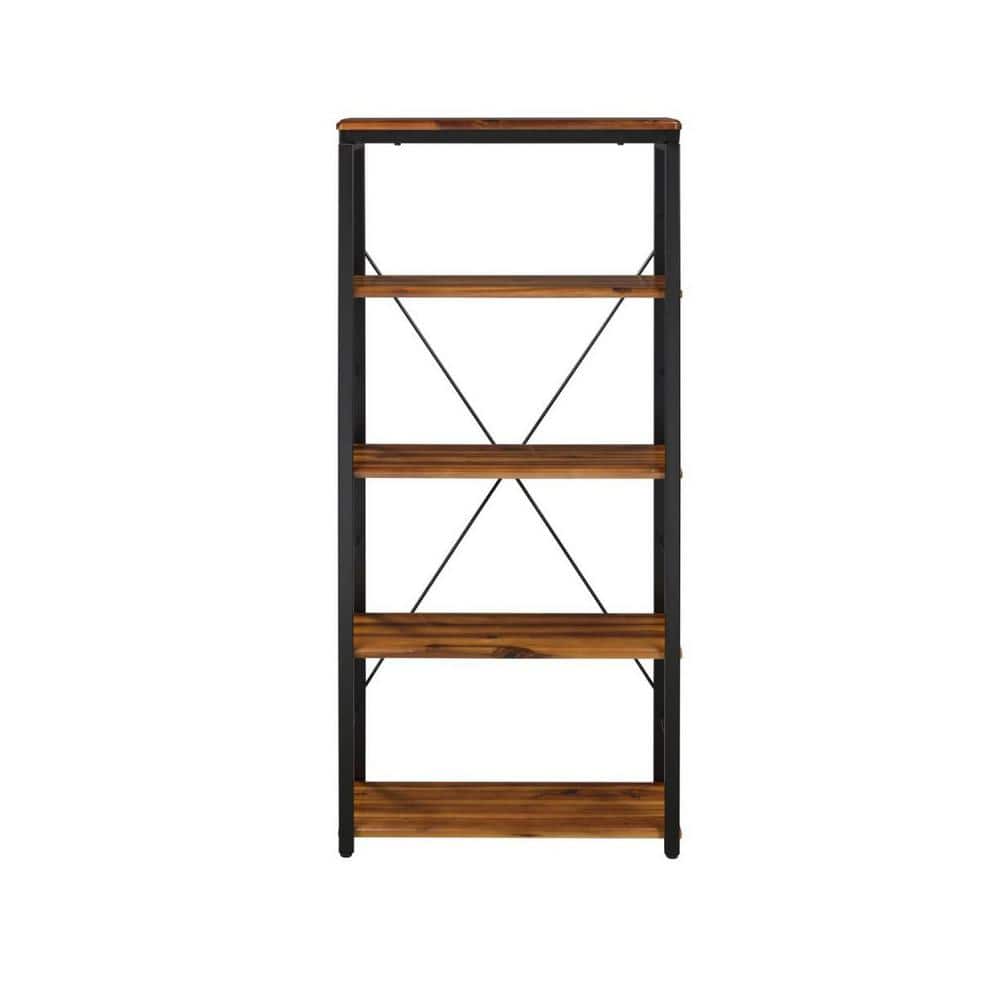 54 in. Oak Wood 5-Shelf Etagere Bookcase with "X" shaped back and Black Metal Frame