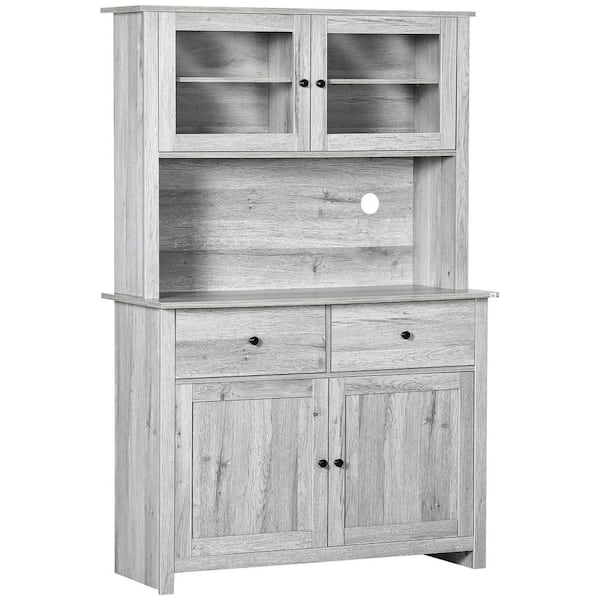 63.5 in. Wood Pantry Organizer with 4 Shelves, Drawers, Framed Glass Doors, Open Microwave Countertop in Ash Grey