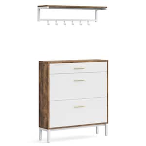 White and Brown Shoe Storage Cabinet with Drawer, Flip Shelves and Wall Mount Rack