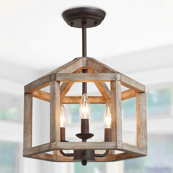 LNC Rustic Drum Bronze Wood Semi-Flush Mount, Industrial Geometric 3-Light Farmhouse Candlestick Antique Ceiling Lighting