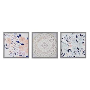 Rain Shanks 16 in. H 3-Piece Summer Bliss Silver Framed Wood Floral Medallion Wall Art Decor Set