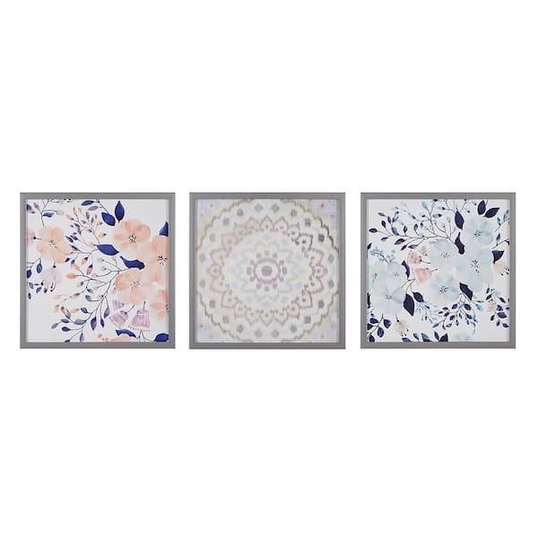 Vsmile Rain Shanks 16 in. H 3-Piece Summer Bliss Silver Framed Wood Floral Medallion Wall Art Decor Set