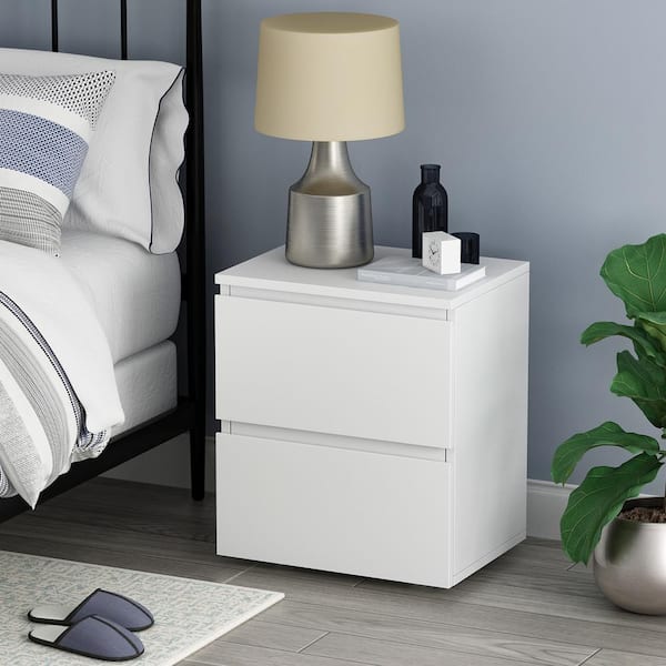 Nightstand Modern Small Bedside Table with Door Standing Metal Cabinet White 