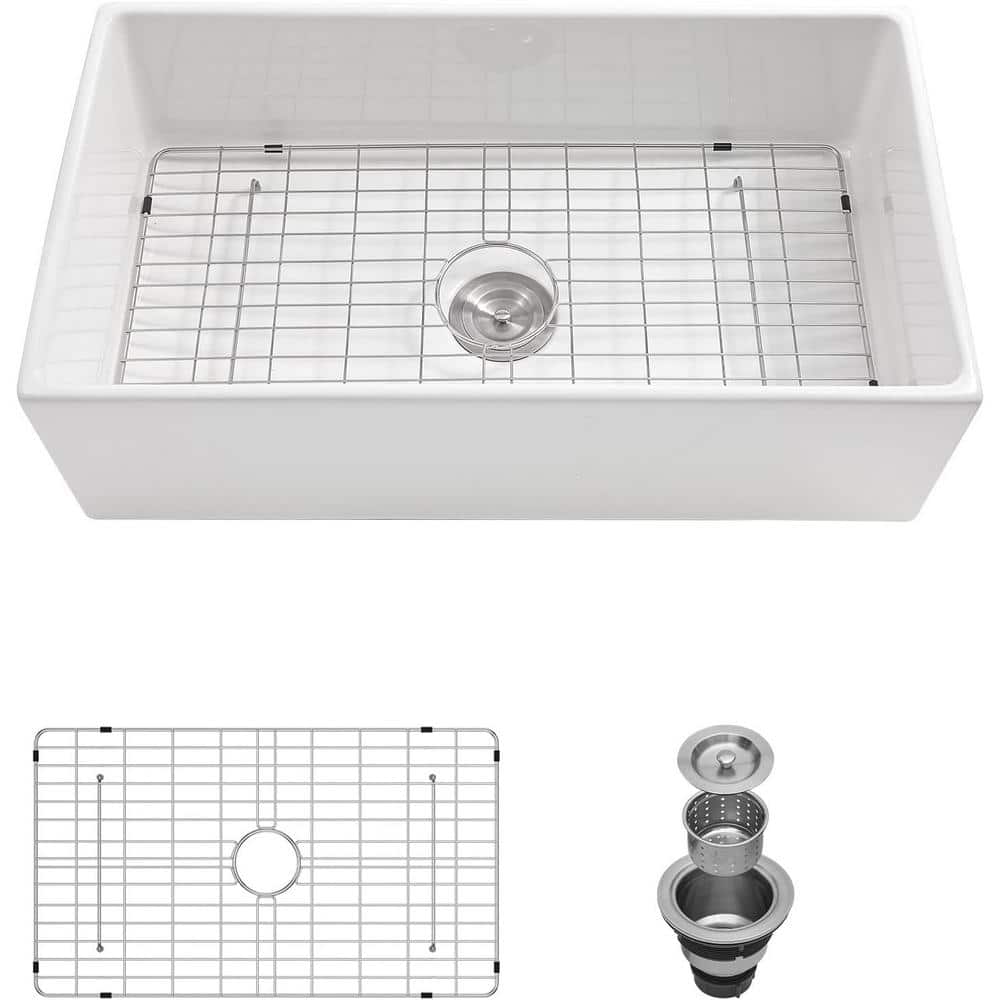 33 in. Apron-Front Sink Single Bowl Farmhouse Fireclay Kitchen Sink Bottom 