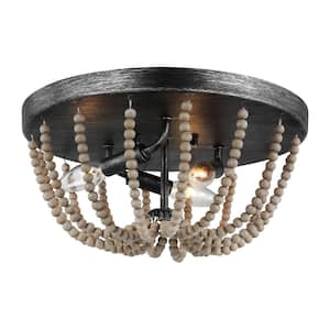 Oglesby 14 in. W 3-Light Weathered Gray Flush Mount with Washed Pine Beads