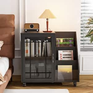 Record Player Stand Black 31.5 in. H Storage Cabinet with LED Lights and Charging Station