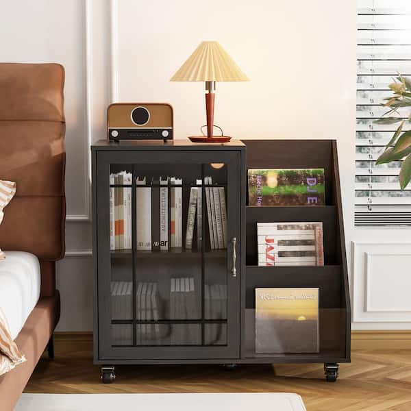 Karl home Record Player Stand Black 31.5 in. H Storage Cabinet with LED Lights and Charging Station